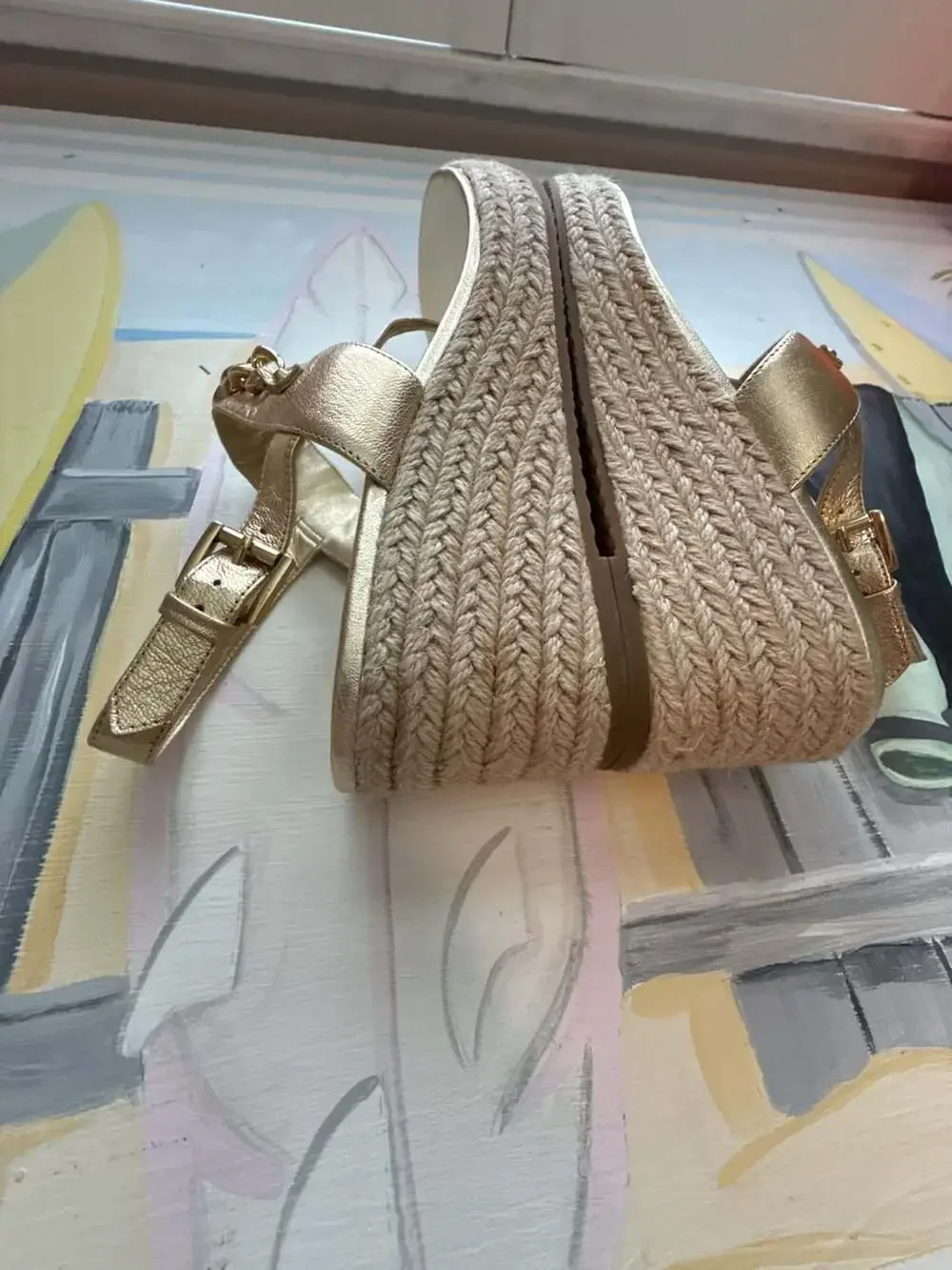 Michael Kors Roxane Metallic Gold T-Strap Espadrille Wedge Sandals